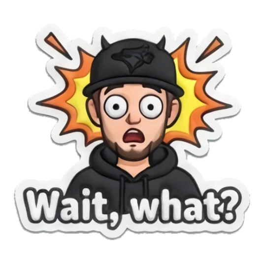 Guy looking shocked with text Wait, what? Custom camojis sticker for expressive chats and social replies.