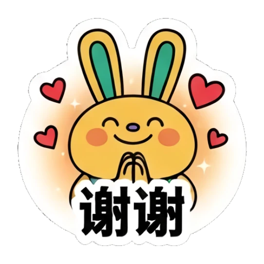 Rabbit with hands together in prayer, grateful expression with hearts. Keith Haring Style Bunny sticker for expressive chats and social replies.