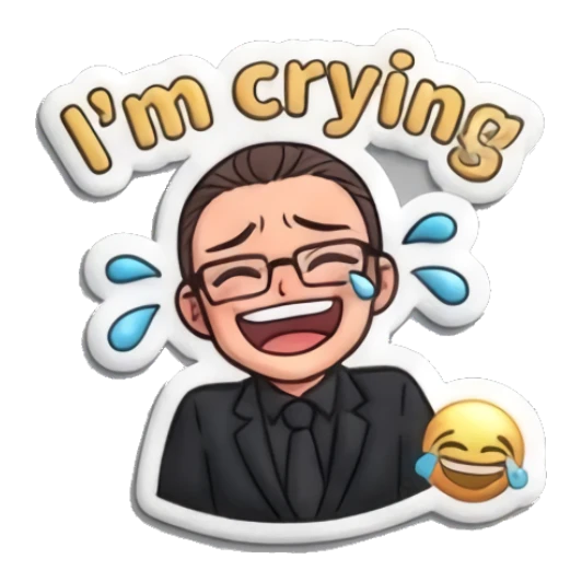 Man laughing while crying with joy and 'I'm crying' text Professional Suit Guy sticker for expressive chats and social replies.