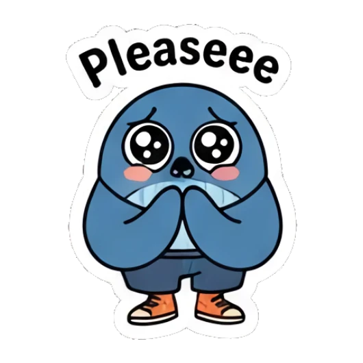 Pleading blue whale with puppy eyes and Pleaseeee text Cool Blue Whale Vibes sticker for expressive chats and social replies.