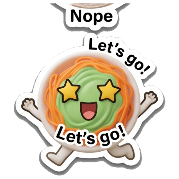 Spaghetti bowl with star eyes jumping and 'Let's go!' text, excited. Spaghetti Moods sticker for expressive chats and social replies.