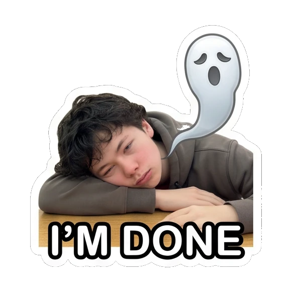 Teen boy resting head on arms with ghost icon, tired, text I'M DONE Teen Boy Daily Expressions sticker for expressive chats and social replies.
