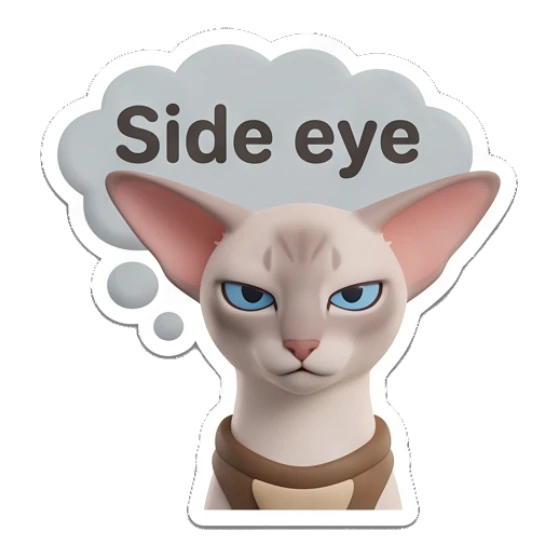 Sphynx cat giving a suspicious side eye with text Side eye Sphynx Cat Moods sticker for expressive chats and social replies.