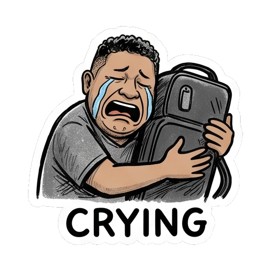 Photographer crying while hugging a camera bag Studio Life Guy sticker for expressive chats and social replies.