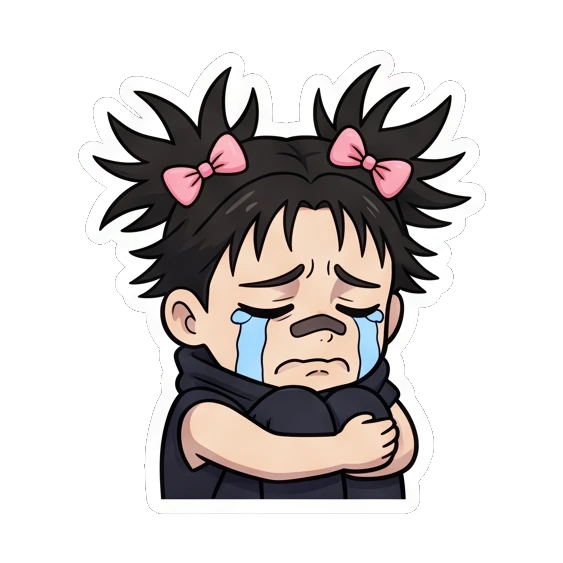 Ninja girl crying while hugging herself. Spiky Hair Ninja Girl sticker for expressive chats and social replies.