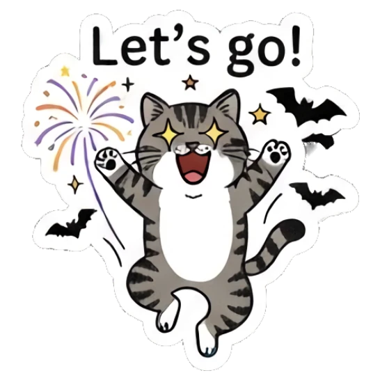 Excited tabby cat jumping with fireworks, text Let's go! Spooky Tabby Cat Adventures sticker for expressive chats and social replies.