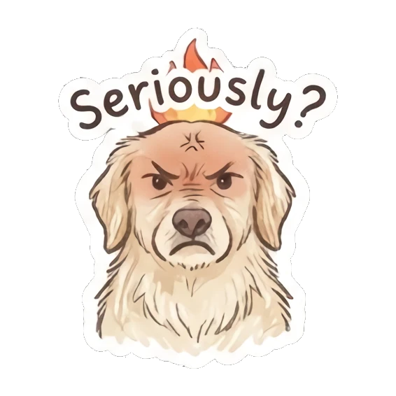 Angry golden retriever with fire on head, text Seriously? Golden Doodle Daily Vibes sticker for expressive chats and social replies.