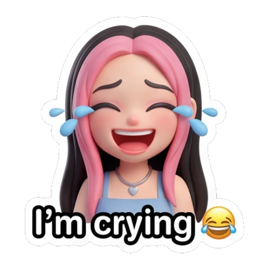 Happy girl laughing with tears and text I'm crying Pink-Haired Trendy Girl sticker for expressive chats and social replies.