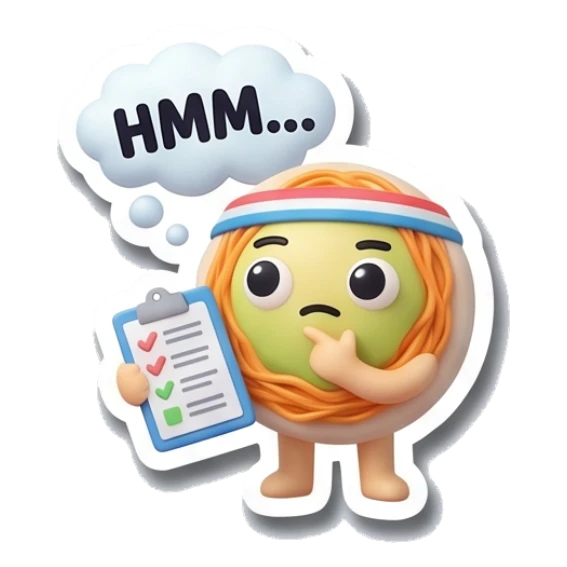 Noodle character thinking with a clipboard with HMM... text Gym Buddy Noodles sticker for expressive chats and social replies.