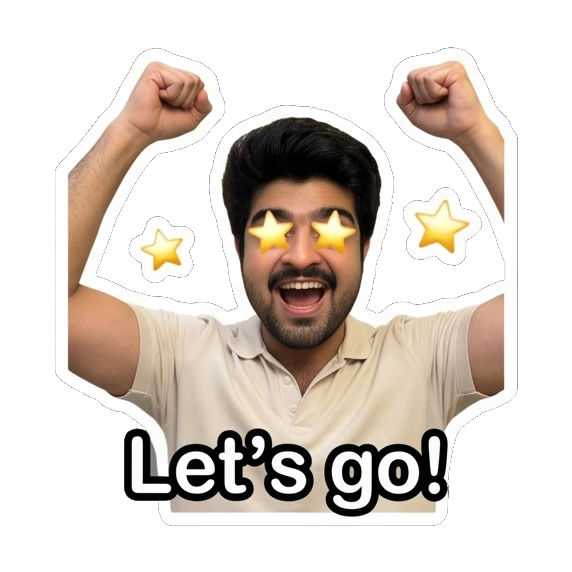 Young man celebrating with raised fists and star effects. Daily Life of a Guy sticker for expressive chats and social replies.