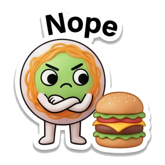 Noodle character with crossed arms looking at a burger with text Nope Gym Noodle Buddies sticker for expressive chats and social replies.