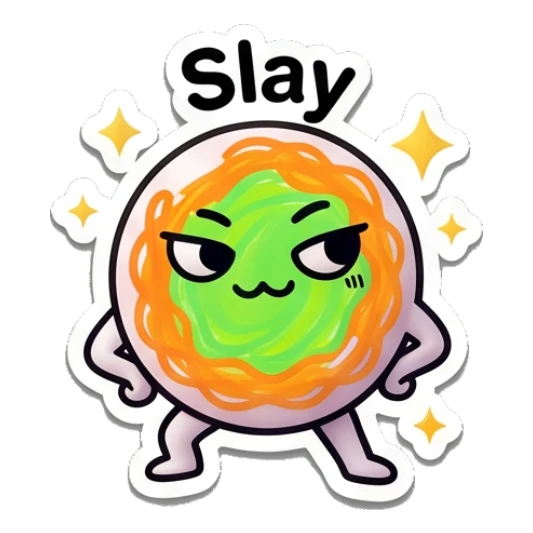 Citrus character looking smug and confident with text Slay Citrus Buddy Adventures sticker for expressive chats and social replies.
