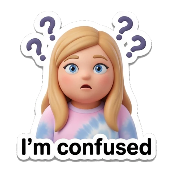 Blonde girl looking confused with question marks, text I'm confused Blonde Girl Daily Vibes sticker for expressive chats and social replies.