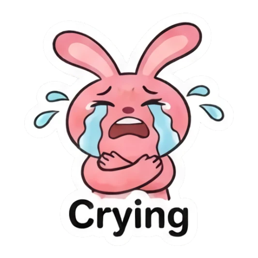 Sad crying pink bunny with arms crossed Pink Bunny Moods sticker for expressive chats and social replies.