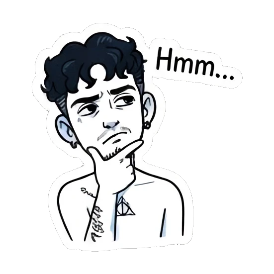 Pensive boy touching his chin with 'Hmm...' text. Curly Haired Boy Daily Vibes sticker for expressive chats and social replies.