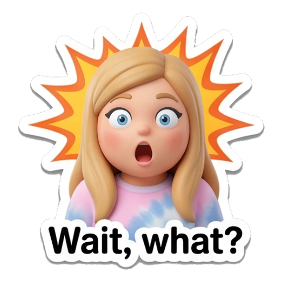 Blonde girl shocked with wide eyes and mouth open, text Wait what Blonde Girl Daily Vibes sticker for expressive chats and social replies.