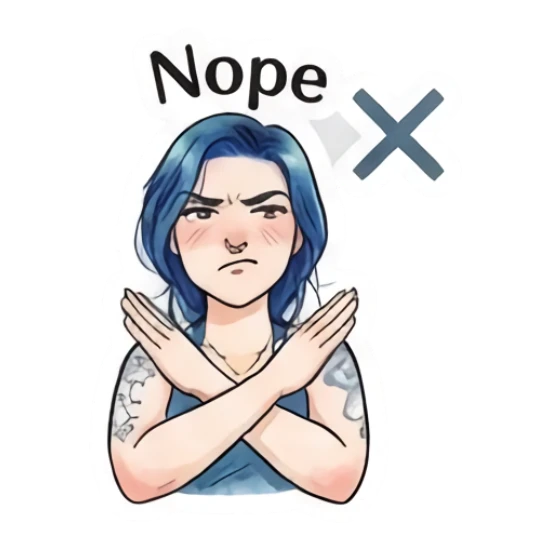 Blue-haired girl making an X gesture with arms, text 'Nope' Blue-Haired Artist Daily sticker for expressive chats and social replies.