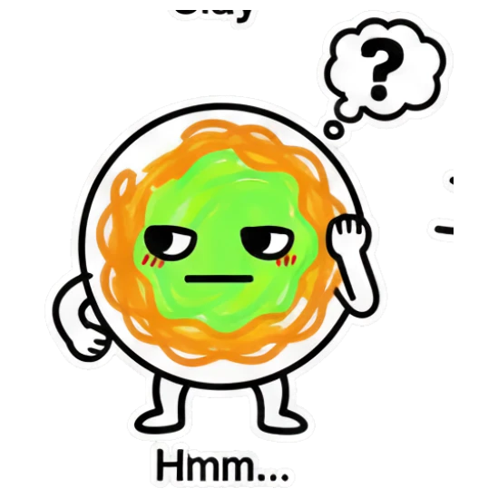 Noodle character thinking with question mark and 'Hmm...' text Noodle Buddy Emotions sticker for expressive chats and social replies.