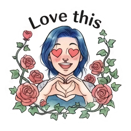 Blue-haired girl forming a heart with hands and roses, text 'Love this' Blue-Haired Artist Daily sticker for expressive chats and social replies.