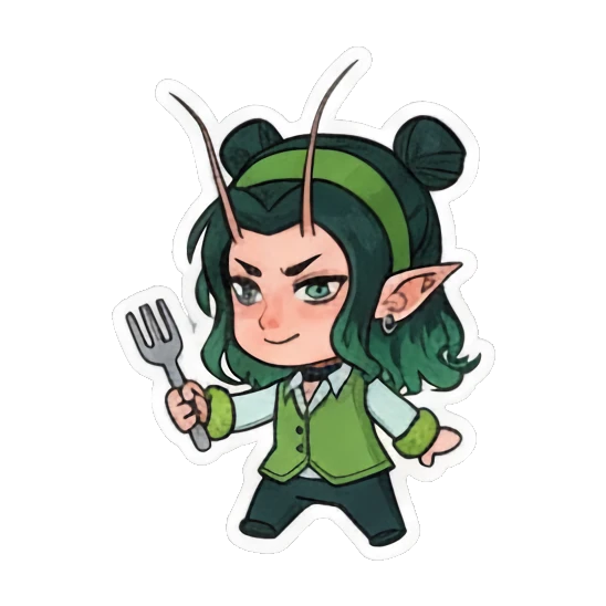 Girl holding a fork looking hungry or expectant Green Mantis Girl Adventures sticker for expressive chats and social replies.