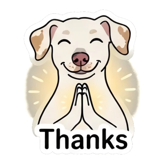 Grateful puppy with hands together in prayer and text Thanks Playful Spotted Puppy Expressions sticker for expressive chats and social replies.