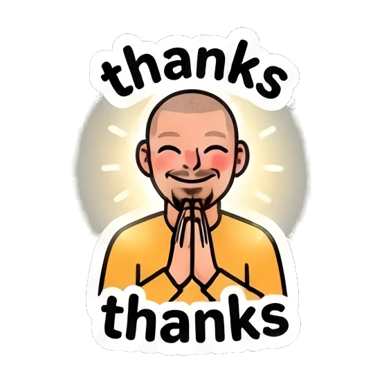 Grateful buzz-cut man with hands pressed together, text thanks. Buzz Cut Guy Daily Vibes sticker for expressive chats and social replies.