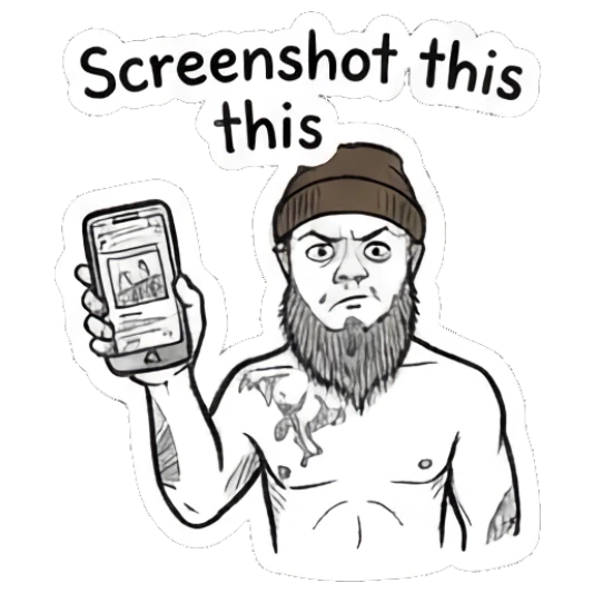 Bearded man holding up a phone to show a screenshot Bearded Guy Moods sticker for expressive chats and social replies.
