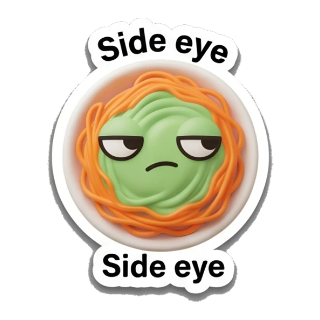 Spaghetti bowl giving a side eye with 'Side eye' text, skeptical. Spaghetti Moods sticker for expressive chats and social replies.