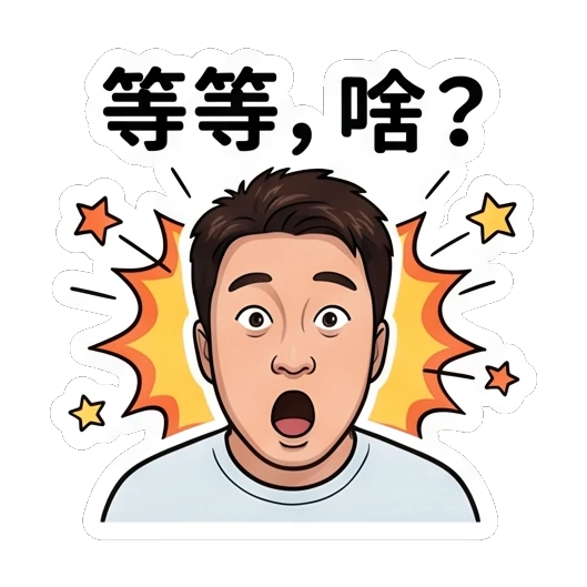Man with surprised expression, eyes wide, text '等等，啥？' Everyday Life of a Friendly Guy sticker for expressive chats and social replies.