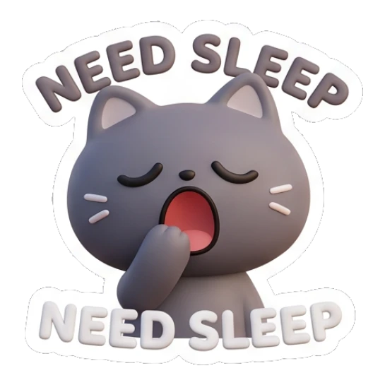 Sleepy grey cat yawning and saying need sleep. Moody Grey Cat Daily sticker for expressive chats and social replies.