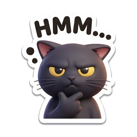 Black cat thinking with hand on chin, text Hmm. Playful Black Cat Moods sticker for expressive chats and social replies.