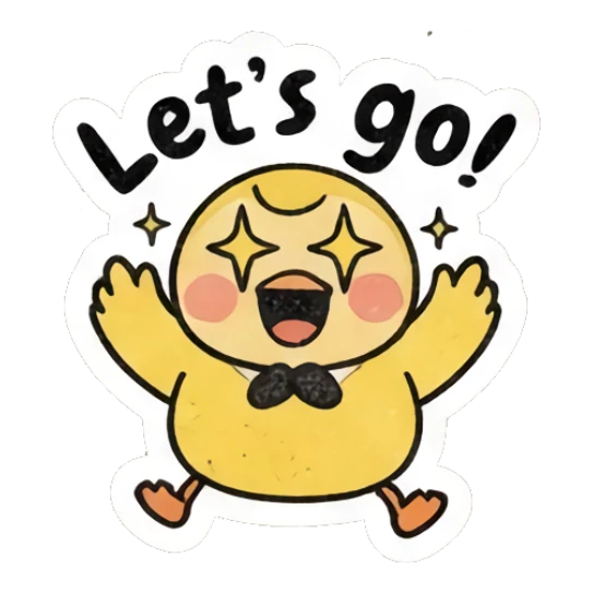 Excited yellow chick with star eyes jumping, text Let's go. Gritty Retro Chick sticker for expressive chats and social replies.