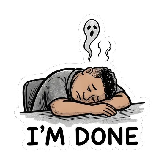 Photographer exhausted and sleeping on a desk Studio Life Guy sticker for expressive chats and social replies.