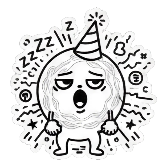 Round doodle character yawning with a party hat and 'zzz' text. Doodle Doodle Expressions sticker for expressive chats and social replies.