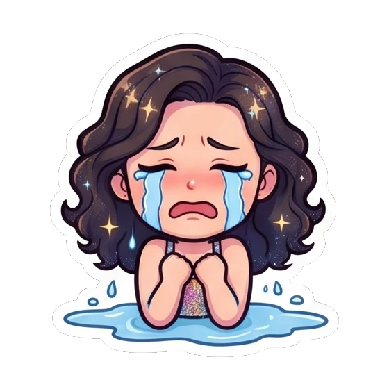 Girl crying a puddle of tears with a sad face Sparkly Curly Girl Daily sticker for expressive chats and social replies.