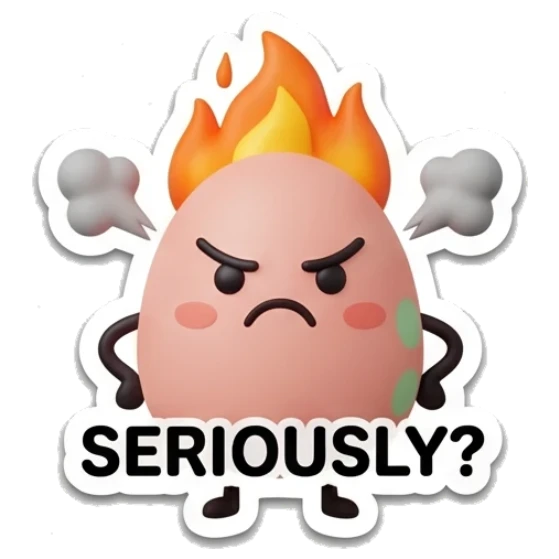 Pink egg with fire on head looking angry with text SERIOUSLY? Pink Egg Moods sticker for expressive chats and social replies.