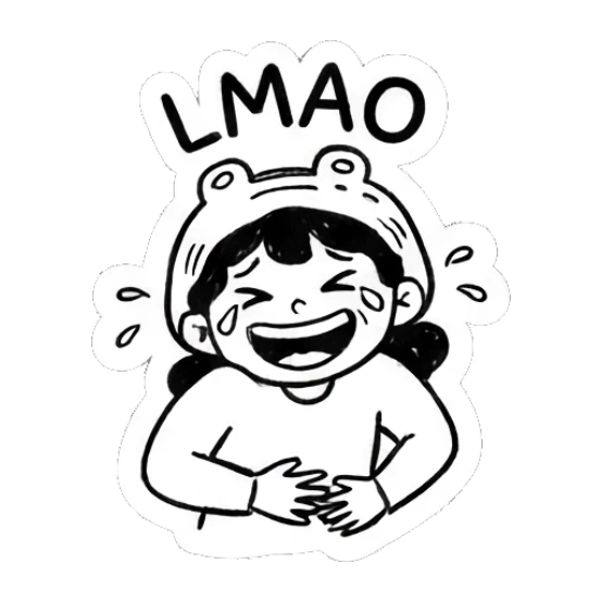 Girl in frog hat laughing holding stomach with LMAO text Froggy Girl Doodles sticker for expressive chats and social replies.