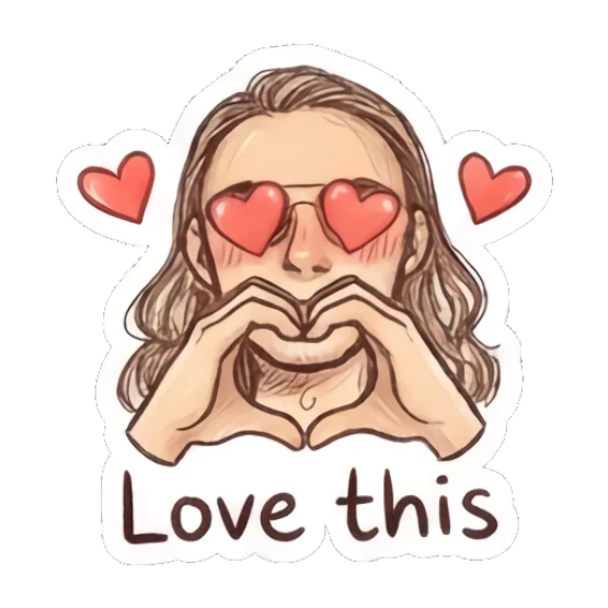 Man making a heart shape with hands and heart eyes, text 'Love this' Cool Long-Haired Guy Vibes sticker for expressive chats and social replies.