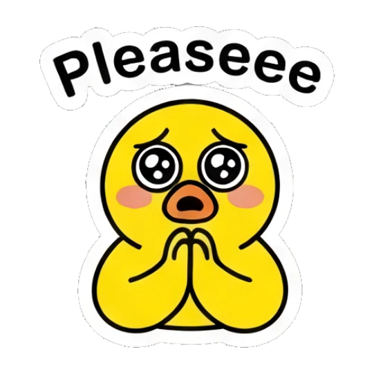 Pleading yellow duck with big watery eyes with text 'Pleaseee' Keith Haring Style Yellow Duck sticker for expressive chats and social replies.
