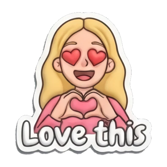 Blonde girl showing heart hands with heart eyes and Love this text Playful Blonde Girl Expressions sticker for expressive chats and social replies.