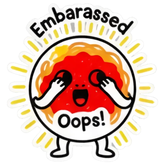 Embarrassed noodle character with red face and 'Oops!' text. Spicy Noodle Moods sticker for expressive chats and social replies.