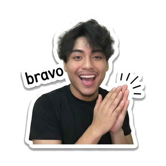 Young man clapping hands with a bravo expression and text bravo Daily Life of a Cool Guy sticker for expressive chats and social replies.