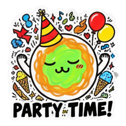 Circular food character celebrating with party hat and 'PARTY TIME!' text Doodle Foodie Vibes sticker for expressive chats and social replies.