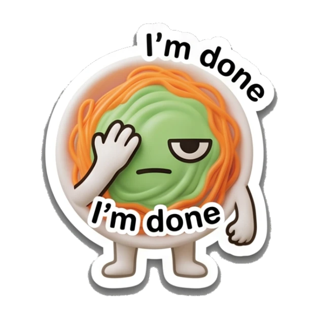 Spaghetti bowl facepalming with 'I'm done' text, frustrated. Spaghetti Moods sticker for expressive chats and social replies.