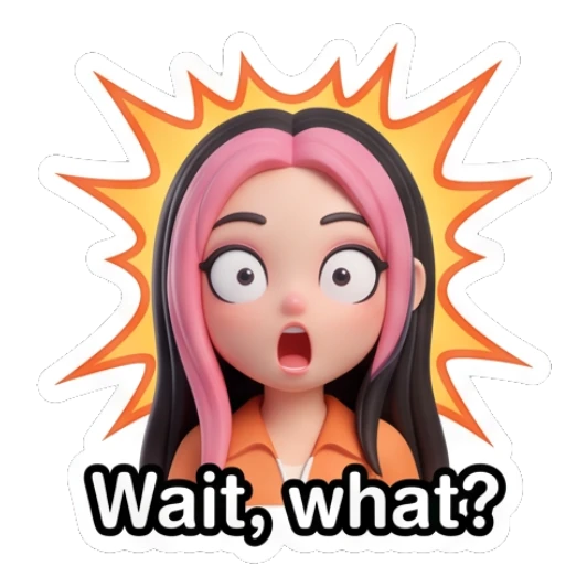 Shocked girl with explosive background and text Wait, what Pink-Haired Trendy Girl sticker for expressive chats and social replies.
