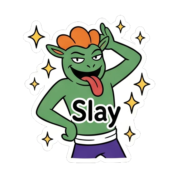 Confident green goblin posing with hand behind head, text Slay Green Goblin Mischief sticker for expressive chats and social replies.