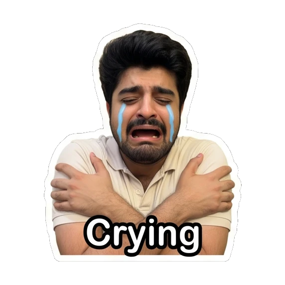 Young man crying intensely while hugging himself. Daily Life of a Guy sticker for expressive chats and social replies.