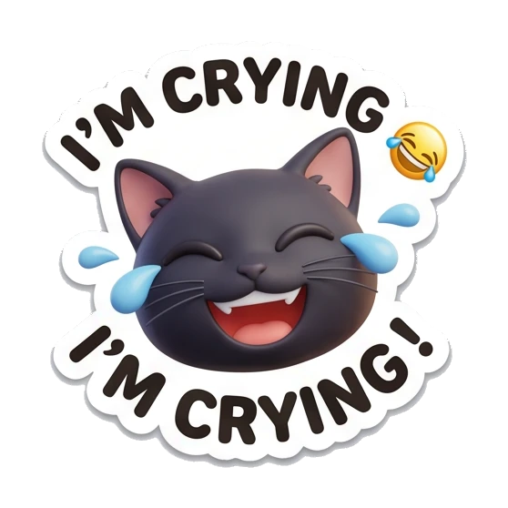 Black cat laughing with tears, text I'm Crying. Playful Black Cat Moods sticker for expressive chats and social replies.