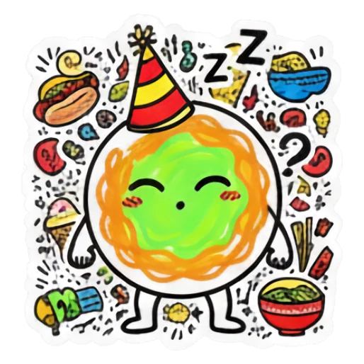 Circular food character wearing party hat with 'Z' text Doodle Foodie Vibes sticker for expressive chats and social replies.