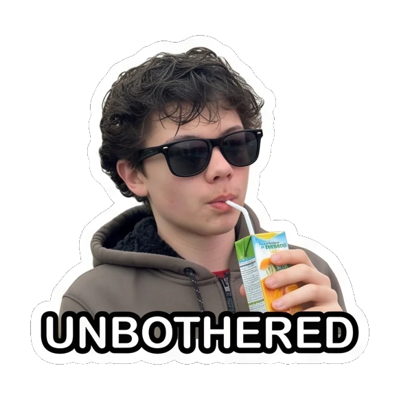 Teen boy wearing sunglasses drinking juice, cool, text UNBOTHERED Teen Boy Daily Expressions sticker for expressive chats and social replies.